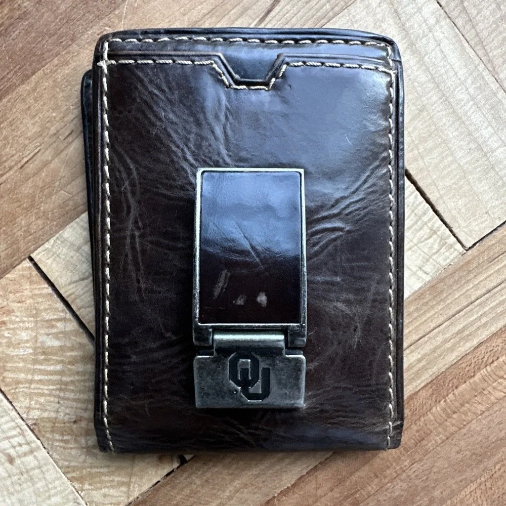 Fossil University Of Oklahoma Bifold Wallet Money Clip Credit Card Slots Brown